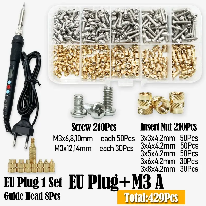 Heat Set Insert Soldering Iron Tip M2 M3 M4 Machine Screw and Brass Insets Nut Computer Bolt Thread Insertion Kit 3d Prints Tool image 11