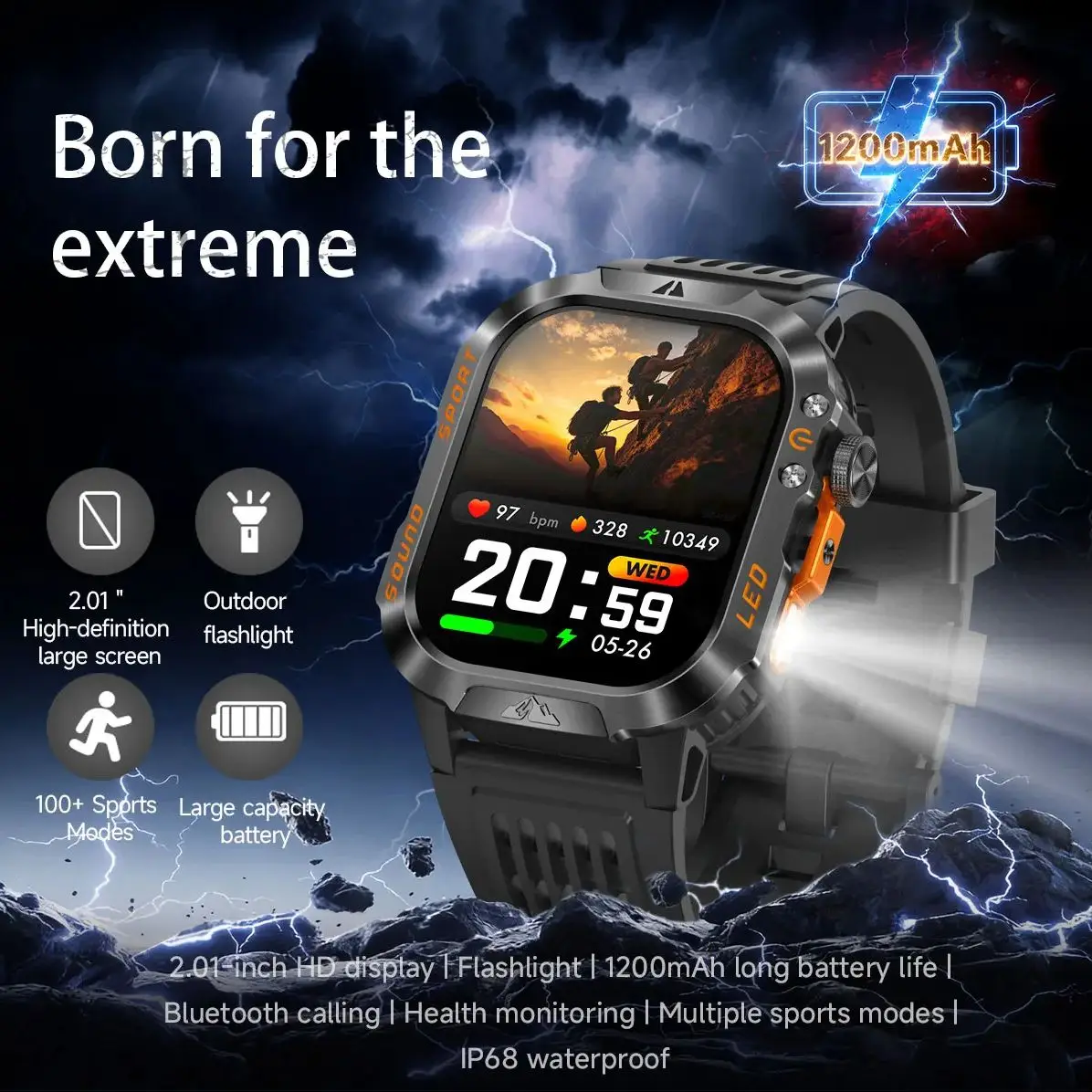 2026New 1200MAH Large Capacity Battery Sports Watch 2.01-inch HD Large Screen Flashlight Sports Modes BT Call Smart Watch Men 6