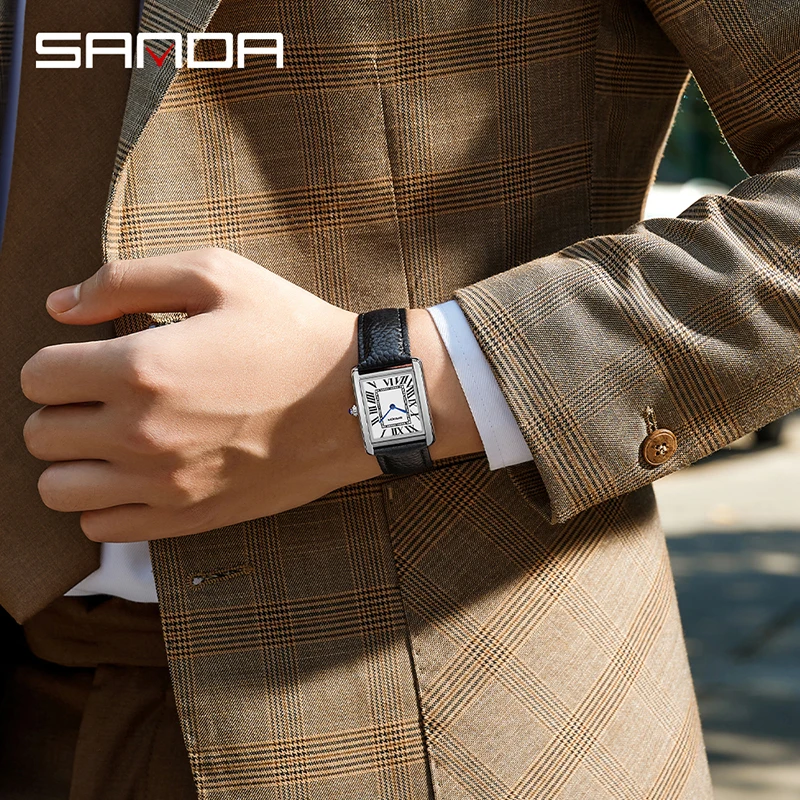 Fashion SANDA  Roman Time scale 1108 Rectangular Couple Frank Watch Silver Luxury Business Genuine Leather Quartz Horloge Homme 4