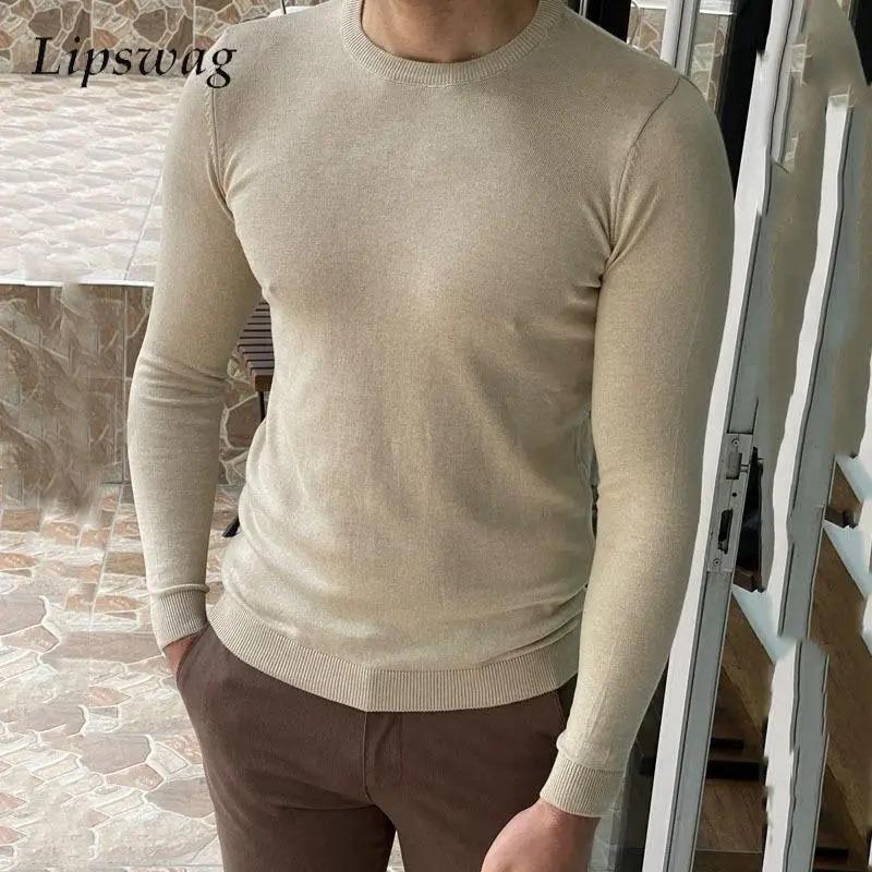 

2024 Spring Casual Bottoming Sweater Men Fashion Long Sleeve O-Neck Slim Knit Tops Mens Leisure Solid Color Knitted Basic Tees