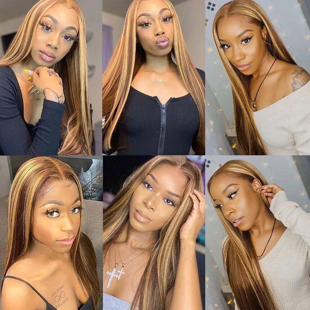 Bleached Highlight Wigs Human Hair Lace Frontal Wig Brazilian Straight Human Hair Wigs 13X4 Lace Front Wig 4X4 Closure Wig