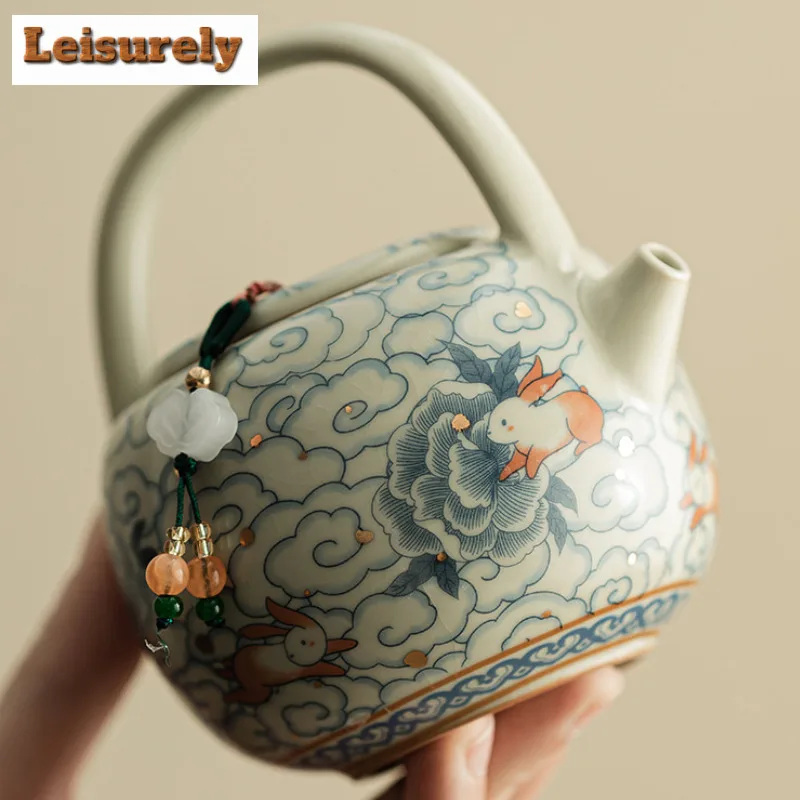 203ml Cloud Rabbit Ru Kiln Porcelain Lifting Beam Teapot Ancient Tea Infuser Pot Tea Maker Kettle With Ball Hole Teaset Ornament