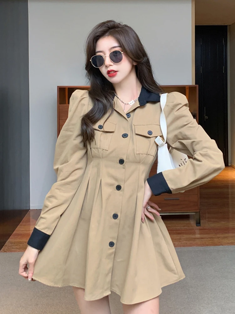 

Autumn Temperament Dress For Women French Elegant Turn Down Collar Single-Breasted Puff Sleeve Mini Shirt Dress