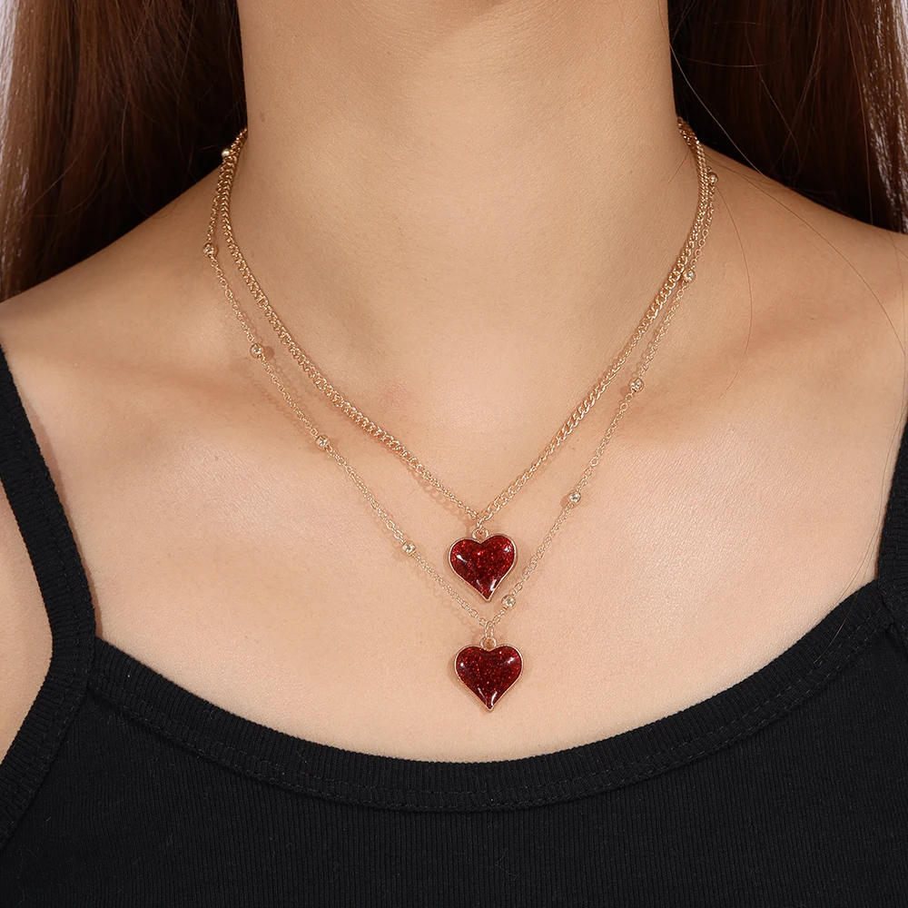 Aihua Gold Farbe Rotes Herz Halskette Romantische Süße Einfache Schlüsselbein Kette Halsketten für Frauen Kragen Valentinstag Schmuck Geschenk