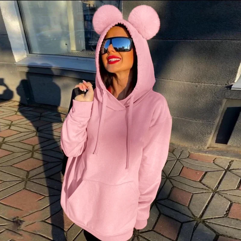 European and American Women's 2023 Autumn and Winter New Fashion Solid Color Wild Cute Plush Ears Hooded Long-sleeved Sweater