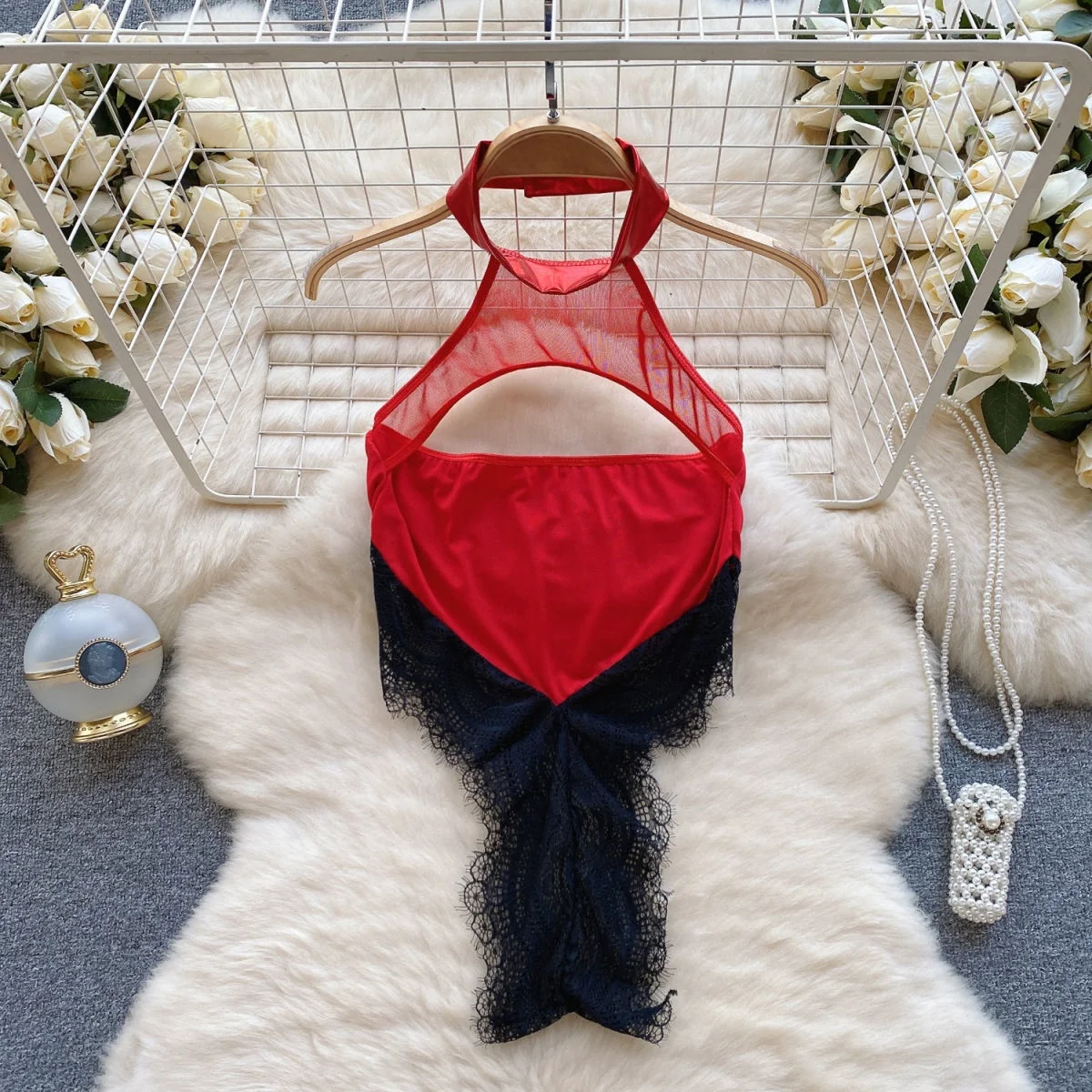 Short Women's 2 Piece Suits Contrast Lace Lingerie Tie Front Mesh Spaghetti Strap Bralette and Panty Sexy Top+pants Set