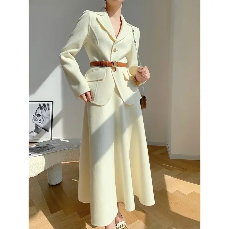 

Woman's Autumn/winter Breeze Waist Woolen Blazers Jacket A Skirt Suit Retro Casual Belt Woolen Suits Overskirt Two-piece Sets