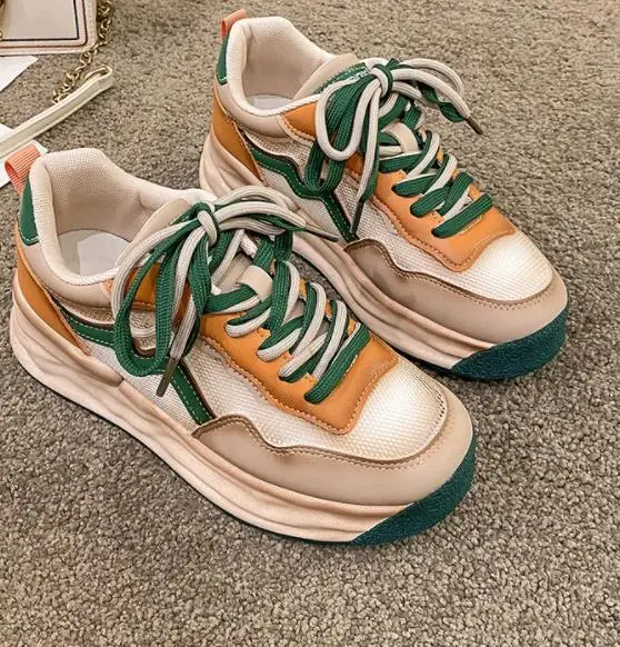 Women Thick-soled Shoes 2022 Summer Fashion New Lace-up Color-blocking Inner Height-increasing Single Shoes Breathable Sneakers