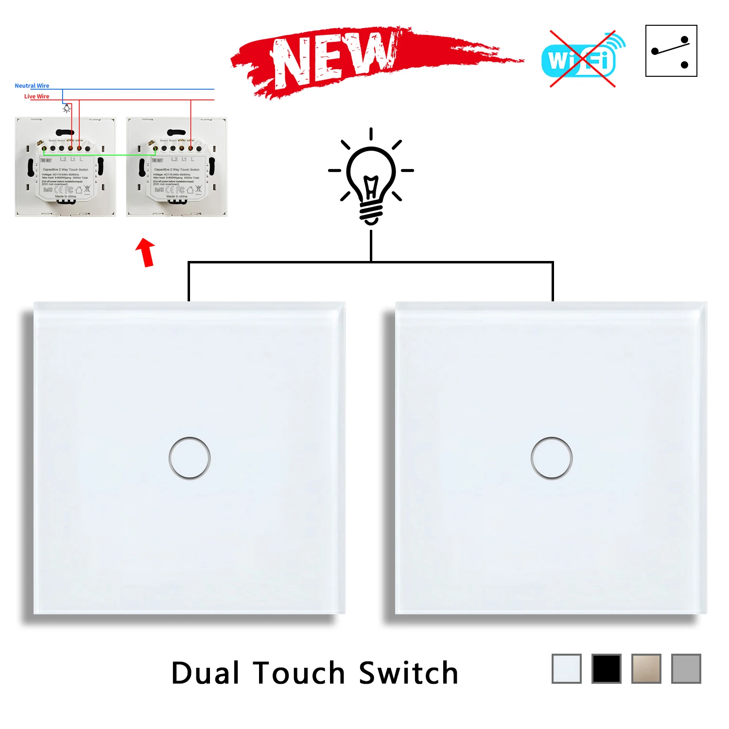 NYWP EU 86*86 มม.1Gang 2Way Dual Touch สวิทช์แผงกระจกนิรภัยบันไดสวิทช์ห้องนอน Sensor สวิทช์ Cross ไม่จําเป็นต้อง WI-FI 1