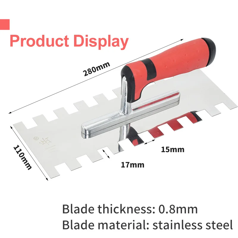 Plastic Handle Bricklaying Square Notched （15x17mm）Trowel Building Professional wall tool 28x11cm Stainless Steel Blade