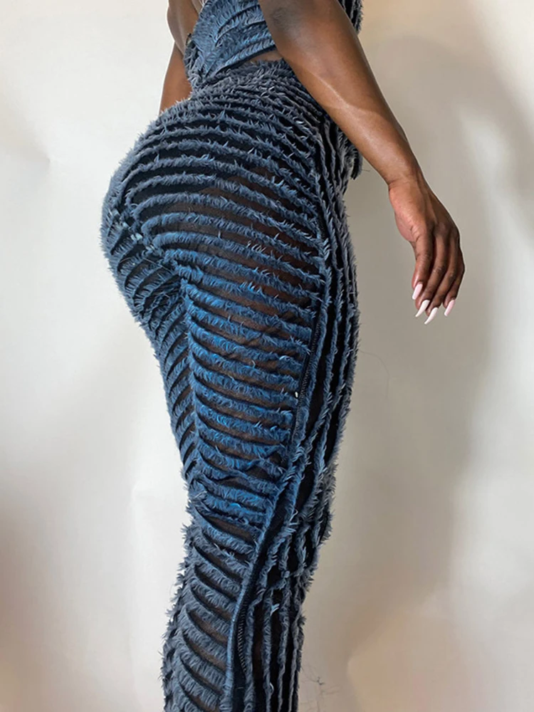 Sibybo Women Fashion Trousers Sexy See-through Brushed Striped Flared Pants Autumn High Waist Hot Girl Trousers Women's Clothing