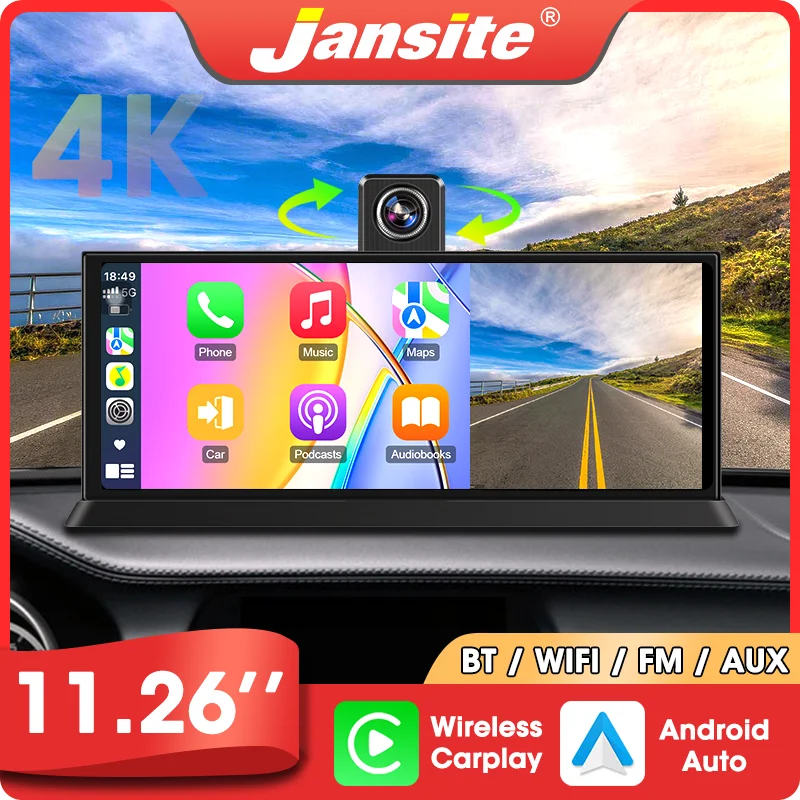 Janstie 11.26 inch Car DVR 4K Camera Rotatable Lens Carplay Android auto Screen Dash Cam Video Recorder GPS Navigation Dashboard