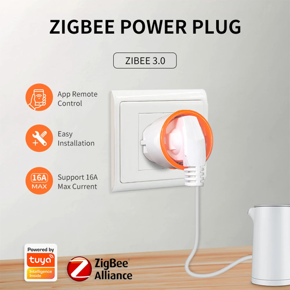 02 - Enchufe inteligente Tuya Zigbee, toma de corriente de 16A de la UE,  Monitor de potencia de 3680W, medidor de temporizador