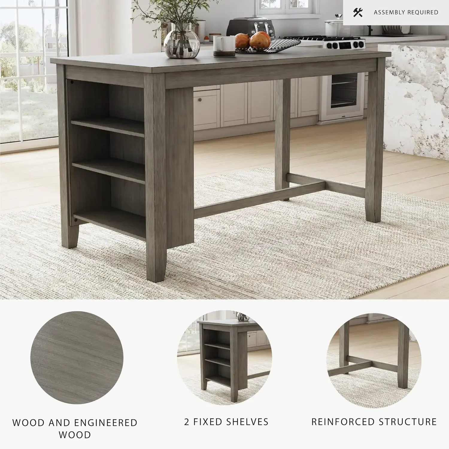 NEW-Caitbrook Rustic Counter Height Dining Table with Storage, Dark Gray