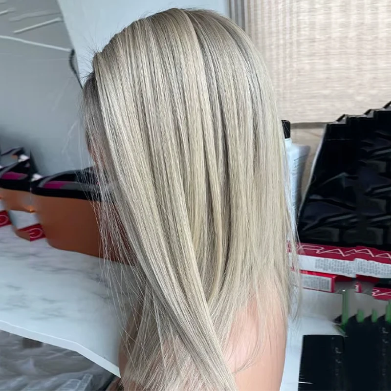 Short Ash Grey Blonde Bob Wigs for White Women Ombre Blonde Wig with Brown Roots Straight Heat Synthetic Daily Party Wig 16 inch