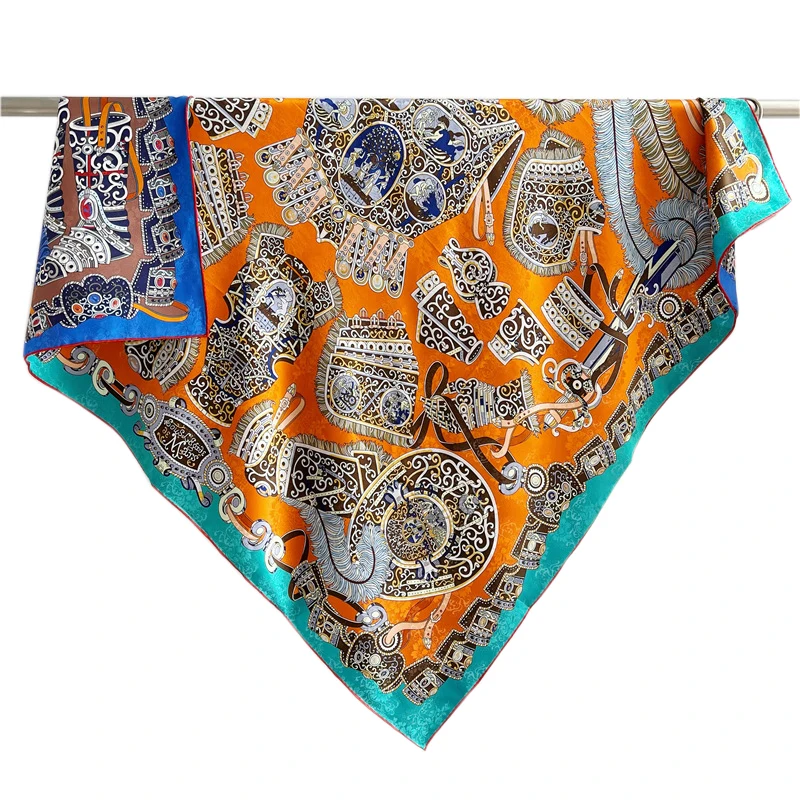 

Retro Totem Double Side Printing Different Color Neck Scarf Shawls For Women 100 Pure Mulberry Silk Sunscreen Bandanna For Party