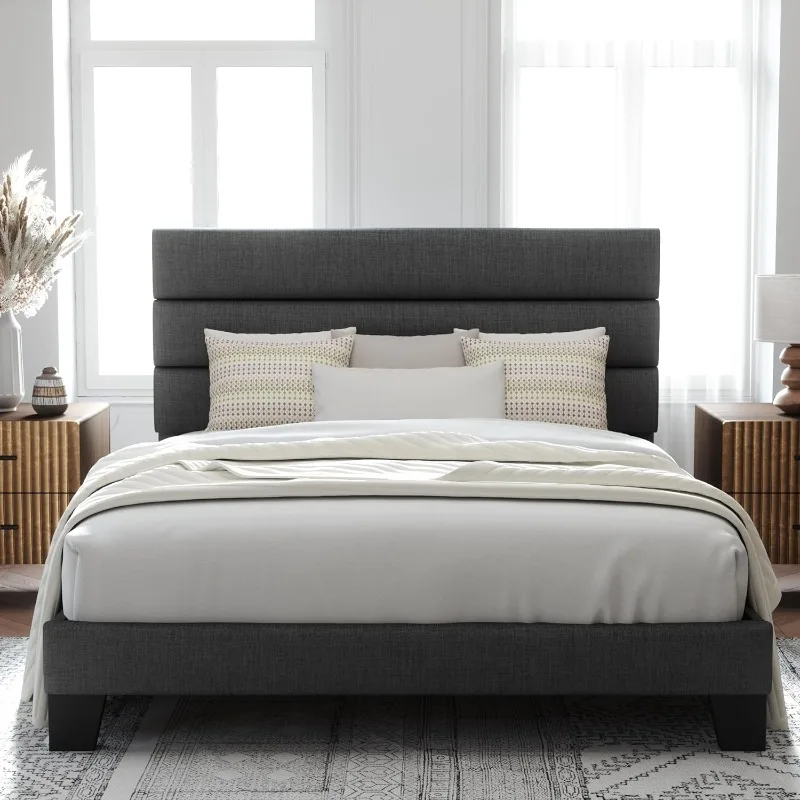 Queen Size Platform Bed Frame with Fabric Upholstered Headboard and Wooden Slats Support Fully Upholstered Foundation Dark Grey