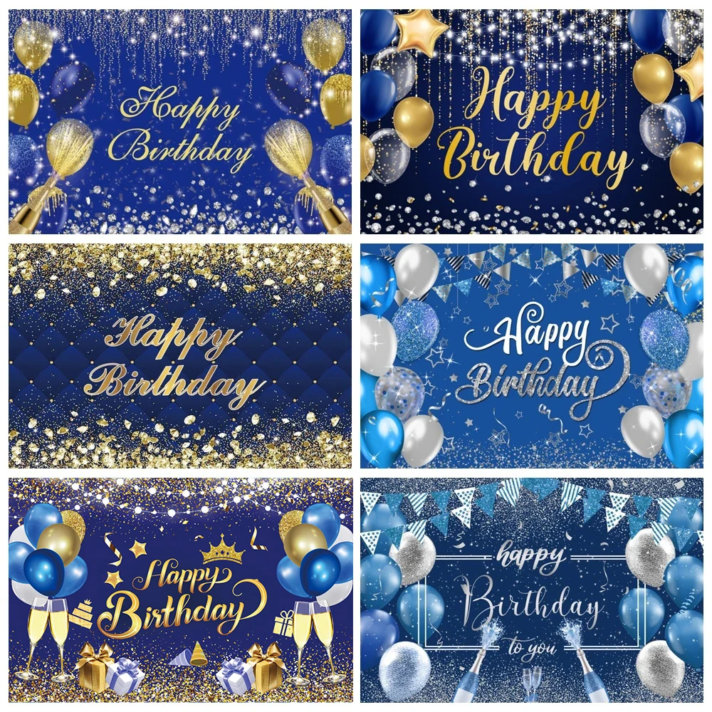 Photo backdrop Photo wallpaper Party decoration covers Vinyl Backdrop Blue Gold Balloon Happy Birthday Party Diamond Dots Poster Baby Kid Banner Background For Photo Studio