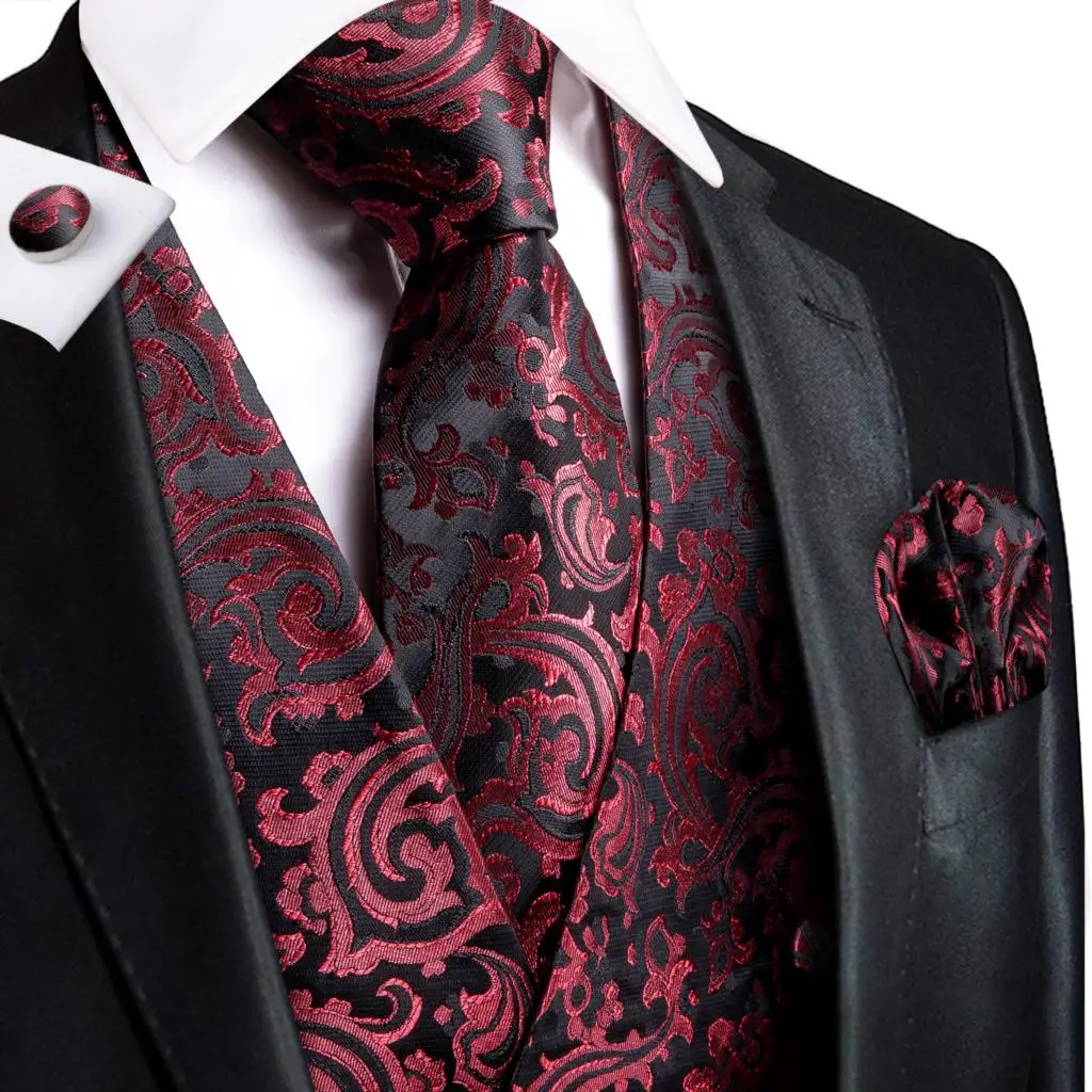 Hi-Tie Red Burgundy Silk Mens Dress Vest Tie Hanky Cufflinks Set Sleeveless Jacqurad Floral Waistcoat Jacket for Male Clothing 5