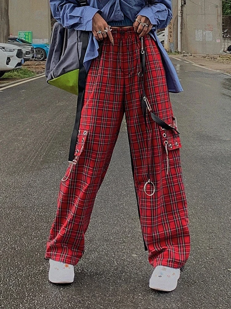 Pantaloni a quadri Cargo Punk HOUZHOU donna gotico Harajuku pantaloni a  gamba larga a scacchi rossi per donna autunno Streetwear moda Hippie|Pants  \u0026 Capris| - AliExpress