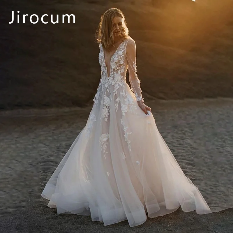

Jirocum Sexy Deep V-neck Bohemian Style Wedding Dress A-line Wedding Dress 2024 New Backless Women's Tulle Lace Applique Bridal