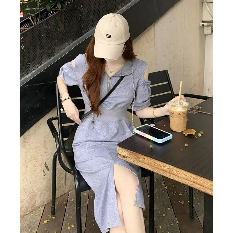 

Deeptown Korean Fashion Grey Midi T-shirt Dress Women Harajuku Chic Off Shoulder Hooded Side Spilt Short Sleeve Tunic Dresses