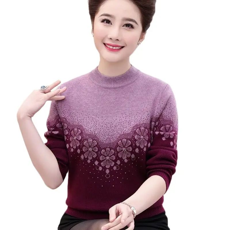 

Autumn Winter Sweater Middle-Aged Women Turtleneck Sweater Thick Warm Fashion Print Women Noble Pullover Sweater W294