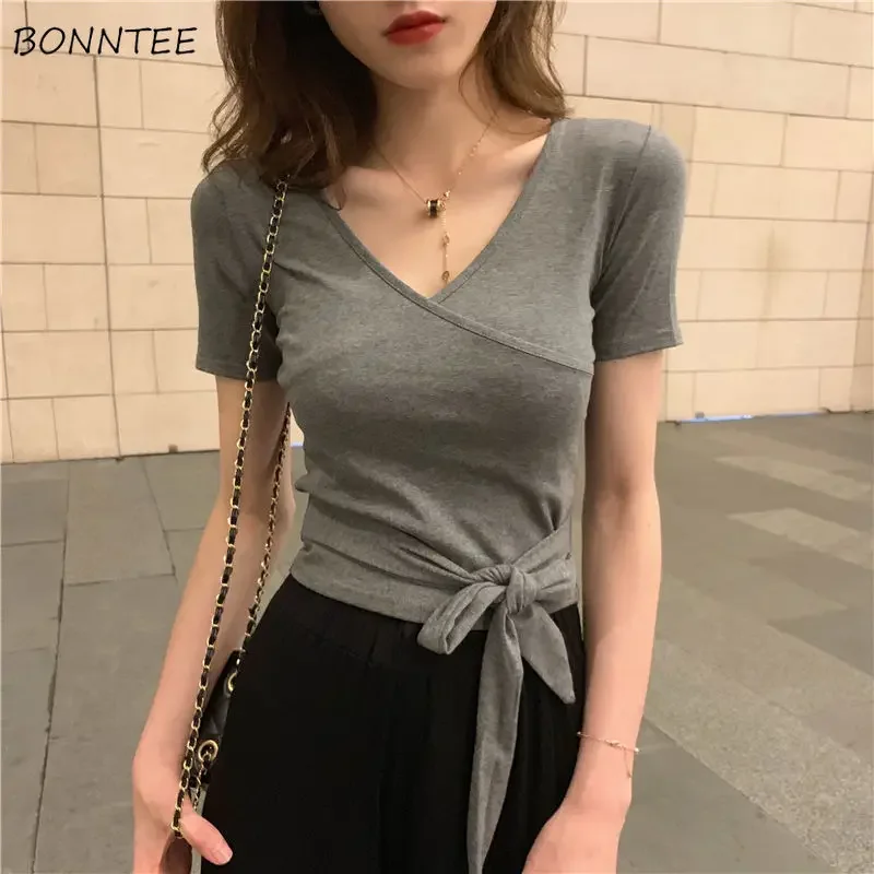 

T-shirts Women Bandage Fashion Design Tender Club Solid Simple Femme Hipster Crops Mujer All-match Ins Slim Streetwear Korean