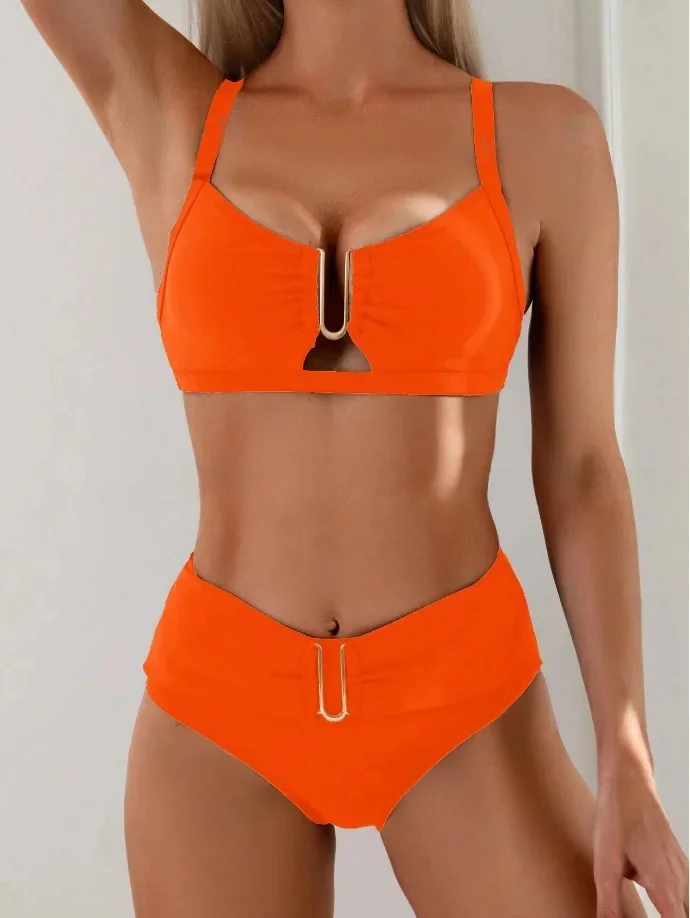 High Waist Two Piece Bikini Set Hot Sale Of The Season New Style Women's U-Necked Beach Vacation Swimsuit Elegant Split Design f