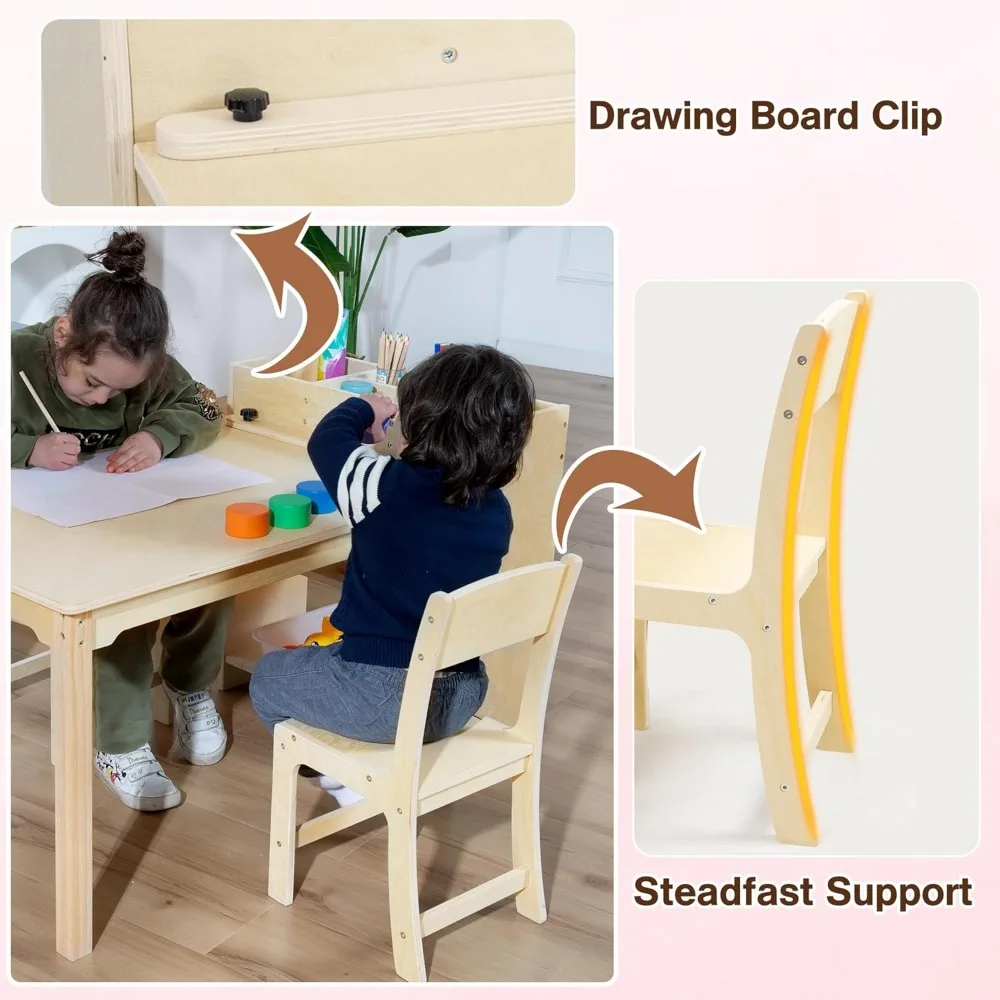 Kids Art Table and Chair Set, Birch Wooden Activity Craft Table, Kids Drawing Table, Toddler Desk with Storage and 1 Chair 4