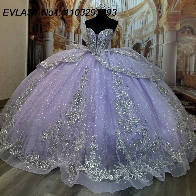 EVLAST Lilac Ball Gown Quinceanera Dress Silver Lace Applique Beaded Bow Sweet 16 Vestidos De 15 Anos E1Q623