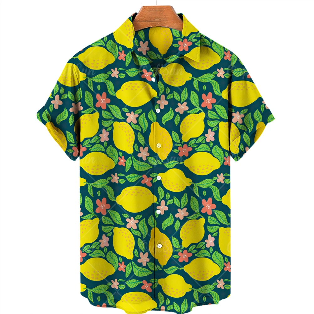 Summer Beach Vacation Fruit Lemon Floral Men's and Women's Casual Shirts Short Casual Hawaiian Shirts Single Button V-Neck Tops whatitisnt angel sweat short pants lemon