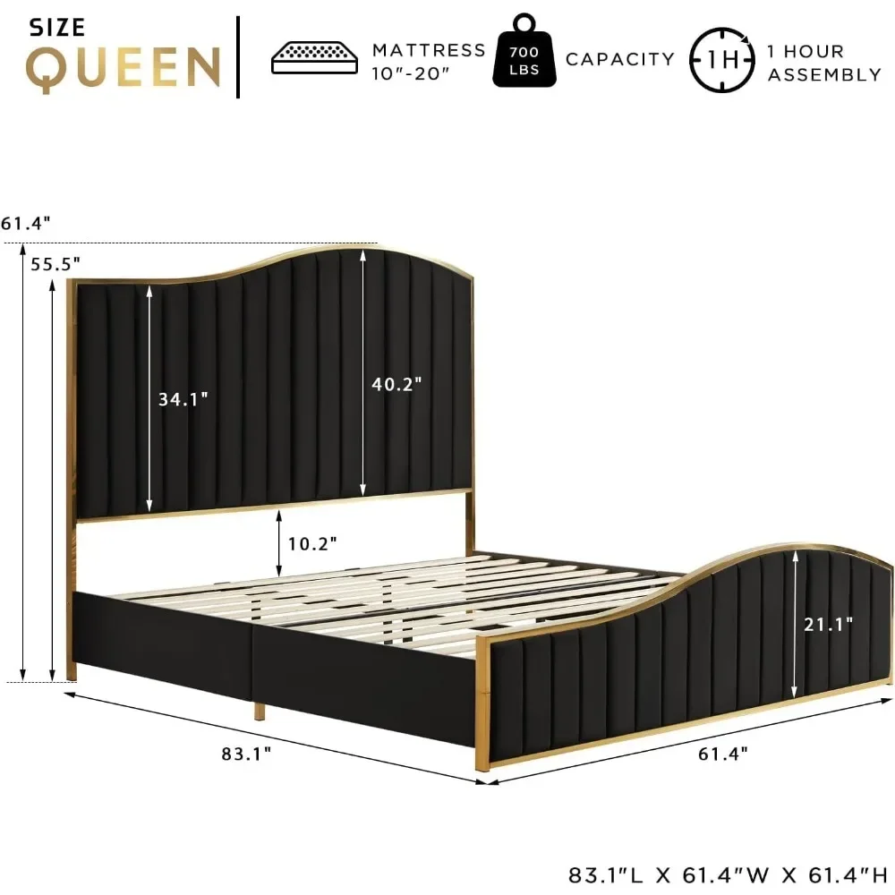 Queen Size Bed Frame, 61.4" High Headboard Platform Bed Velvet Upholstered with Gold Trim & Footboard/Wooden Slats 6