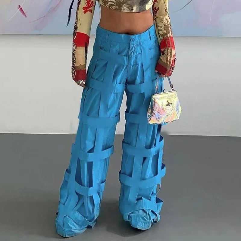 

Mesh stitching trend cargo pants fall fashion casual women's high waist straight pants women