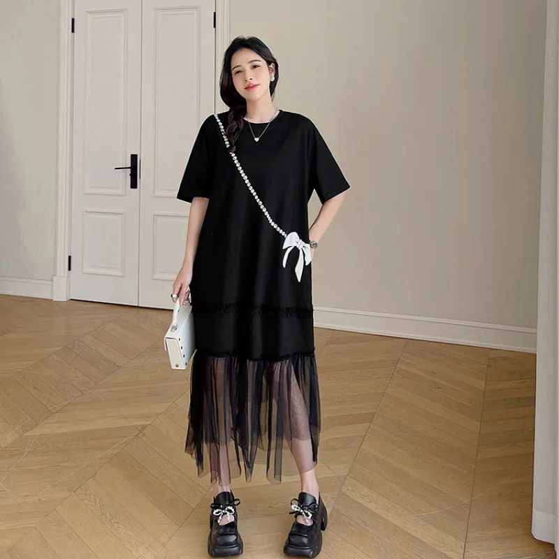 

2024 Summer New Long Loose Large Size Spliced Double Layer Mesh Skirt with Printed Short Sleeve Dress