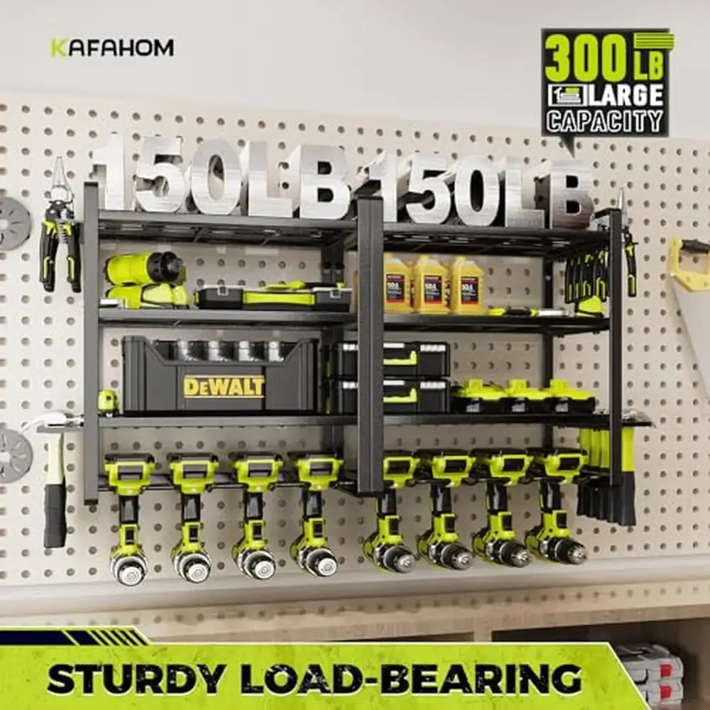 Power Tool Organizer Wall Mount 4 Layers Drill Holder Rack Garage Tool Storage Metal Shelf with Hammer Pliers Screwdriver Holder 3