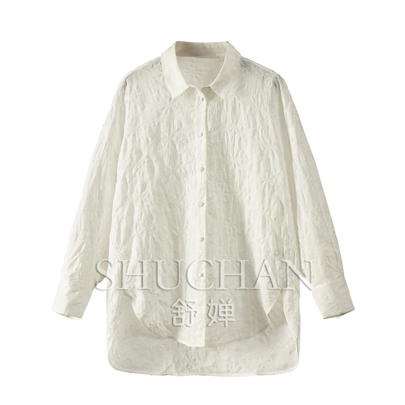Embroidery New 2024 Shirts for Women 100% Ramie Blusas Mujer De Moda Verano Elegantes Long Sleeve Top