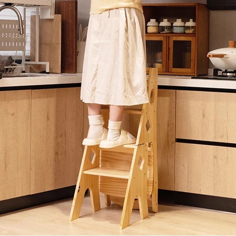 4 Step Ladder Stool Wooden Foldable Portable Ladder Stool Household Multifunctional Ladders Multipurpose Modern Stools Home