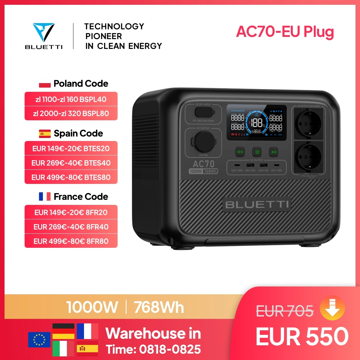 Stacja zasilania LUETTI AC70 768Wh 1000W z EU za $492.69 / ~1883zł