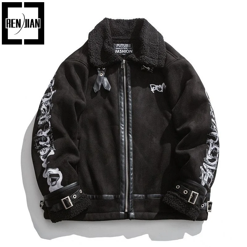 

Winter Men's Warm Suede Overcoat Fleece Lined Thick Thermal Jacket Fashion Faux Fur Graffiti Outerwear Loose Fit Size M-5XL