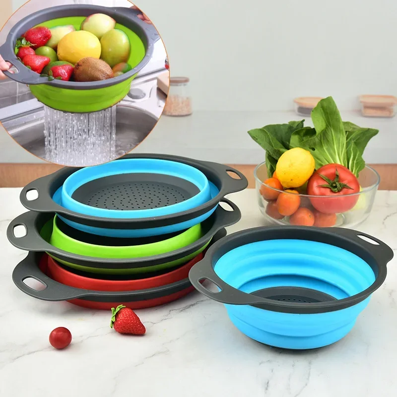 Folding Silicone Drain Basket Fruit Vegetable Washing Basket Foldable Strainer Colander Collapsible Drainer
