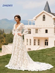 Pastrol Lace Long Sleeve Dress For Bride Romantic Deep V-neck Floor-length Bridal Gown Bohemian Vestidos De Novia