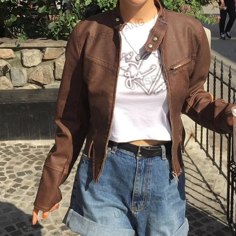 Fashion Women Bomber Jacket Chic Cropped Leather Short Coat Female Stand Collar Gothic Racing Jackets Biker Motorcycle Outerwear