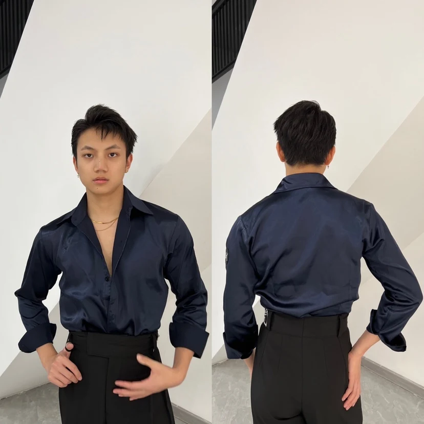 SALSATION サルセーション Dark blue Size M Tシャツ Satin Latin Dance Shirt For Men Ballroom Dance Clothes Long