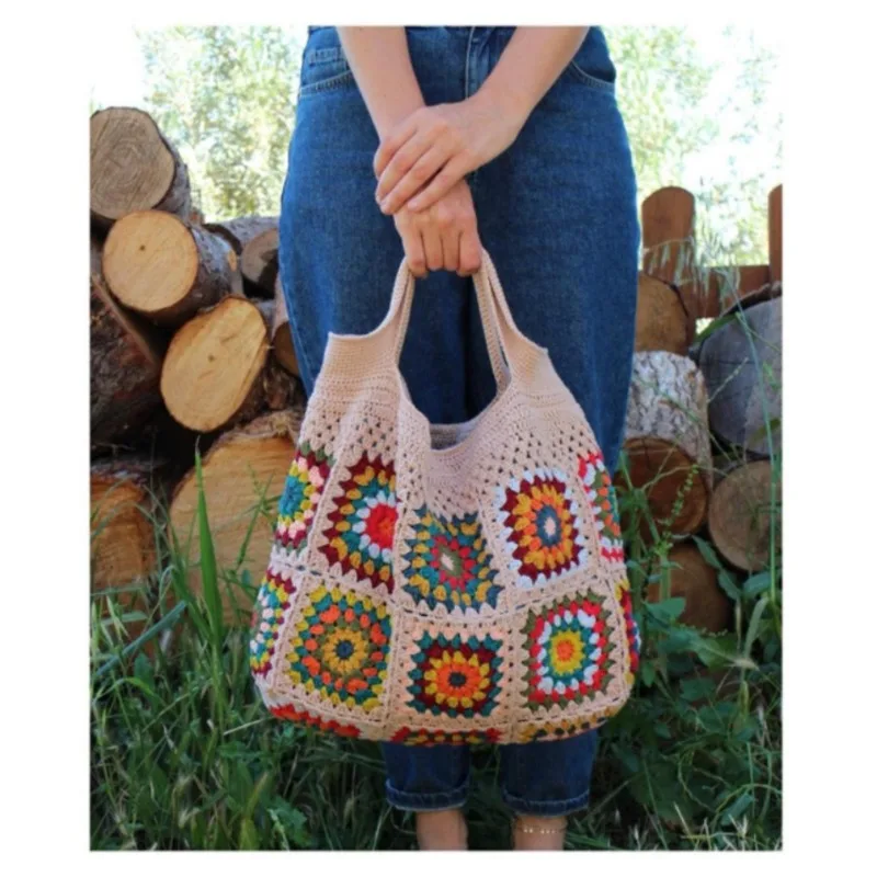 

Colorful crochet boho chic granny square Gran Tote handbag Beige blue market bag Vintage Style Hippie summer beach bag