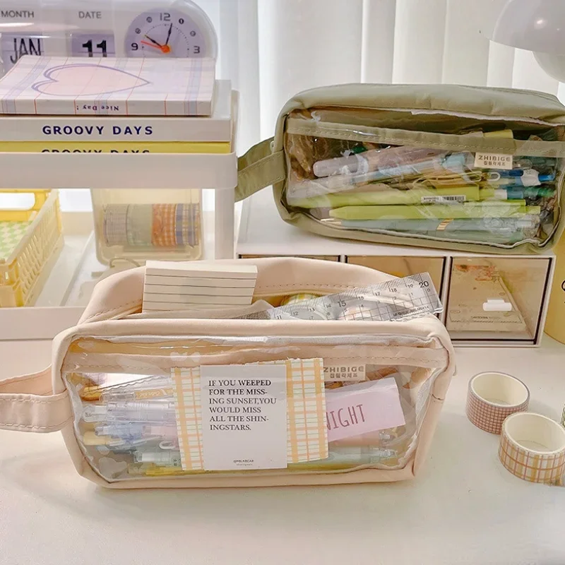 대용량 투명 연필 가방, 미적인 학교 케이스, 귀여운 문구 거치대 가방, 펜 케이스, 학생 학용품