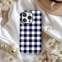 Navy Gingham Magnetic Double - layer Phone Case - Durable Hard TPU Back Cover - iPhone 12 Mini (Magnetic)