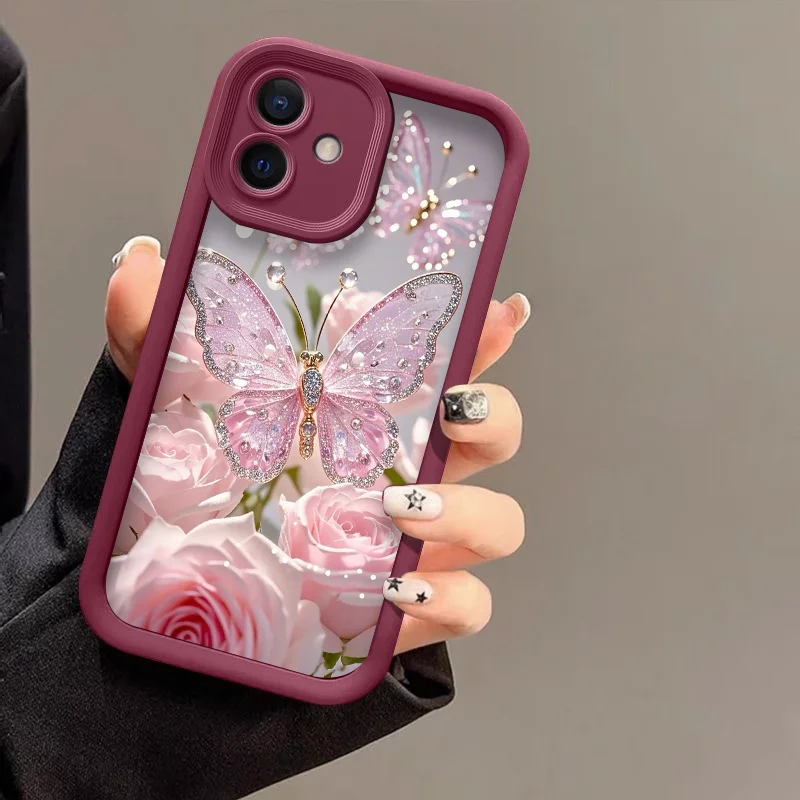 Luxury Romantic Butterfly & Pink Rose Phone Case - Shockproof Soft TPU Bumper Cover