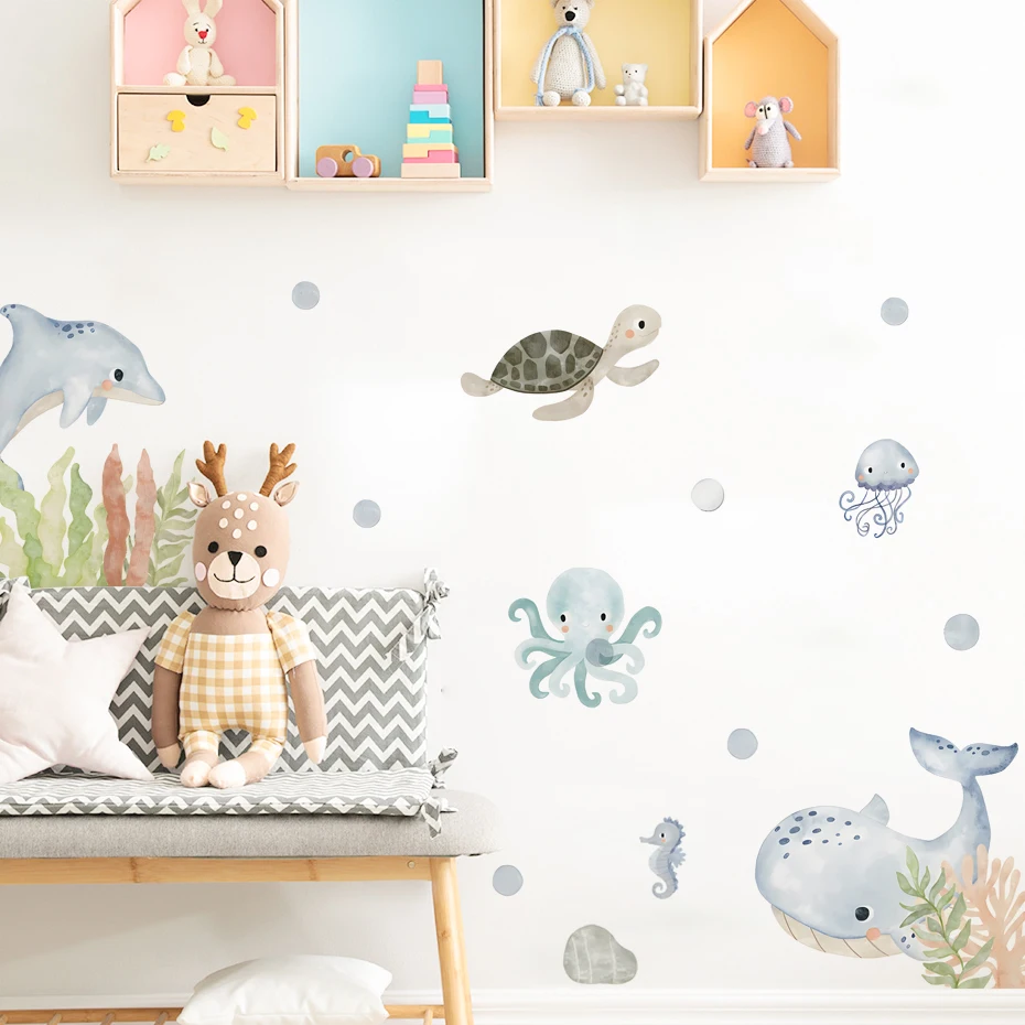 Cartoon Cute Marine Life Dolphin Whale Seaweed Nursery Wall Decalcomanie Acquerello Kids Room Girls Bedroom Sticker Home Decor