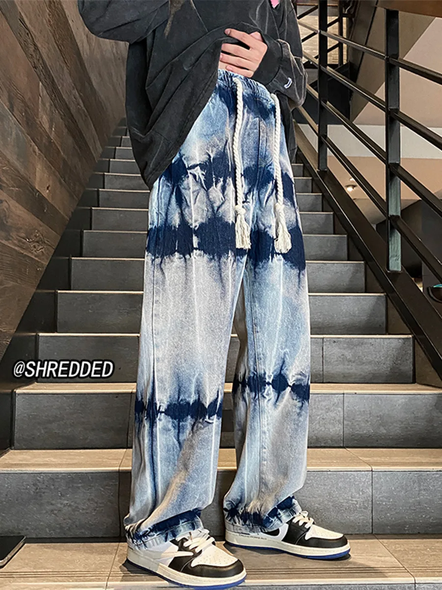 EH·MD Four Season Tattered Jeans Men Sprinkle Ink  Reflective High Street Fashion Zipper Slim Scraped Elastic Red Ear Light Blue